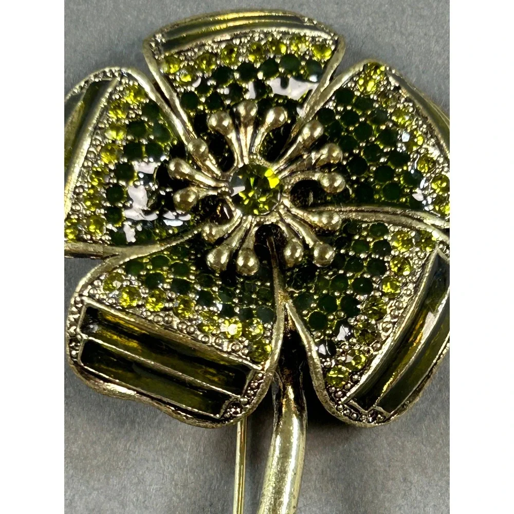 Vintage Style Green Rhinestone Flower Brooch Gold Tone Enamel Floral Pin 3.25